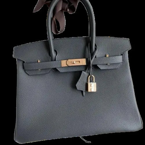 Lustmia Luxury Dark Grey 100% Leather Structured Tote Bag – Gold Hardware Handbag