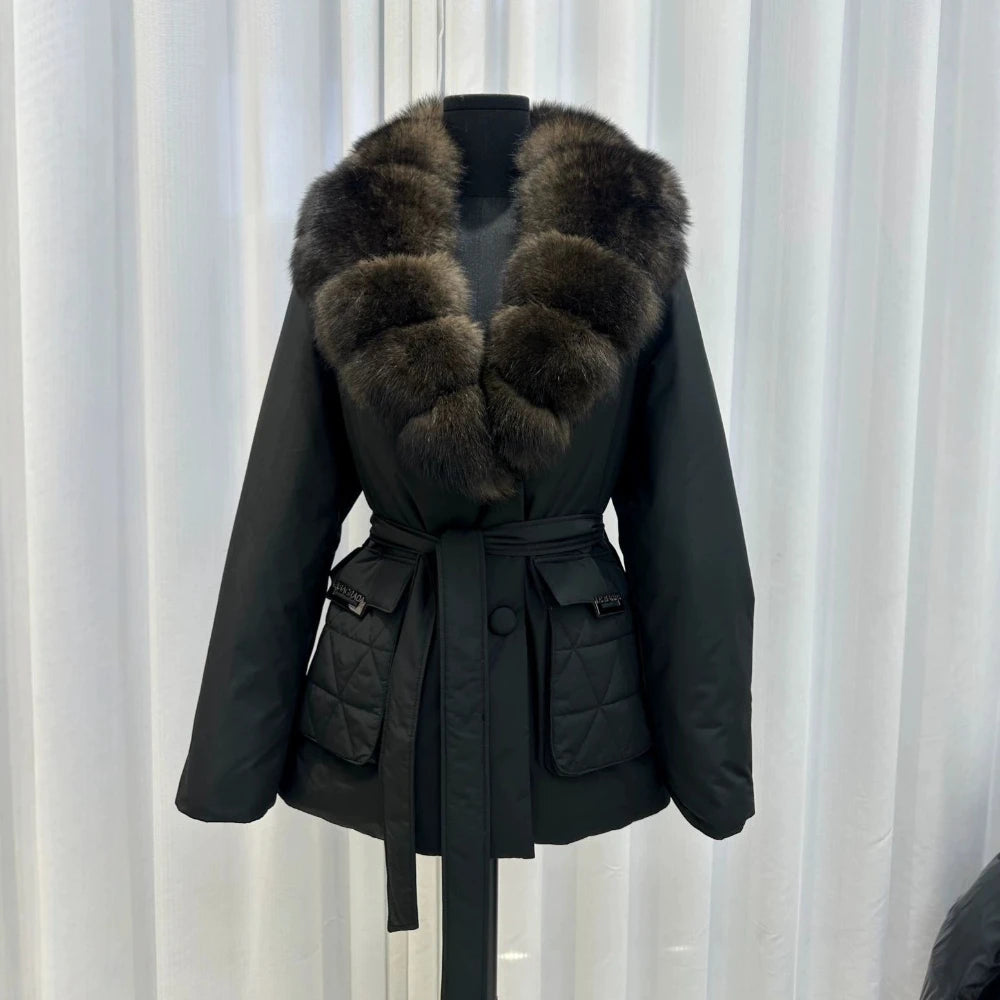 Women's Fox Fur Collar Down Jacket - Luxury Belted Puffer Coat