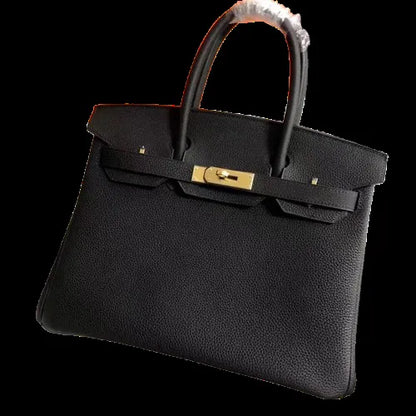 Lustmia Luxury Black 100% Leather Structured Tote Bag – Gold Hardware Handbag