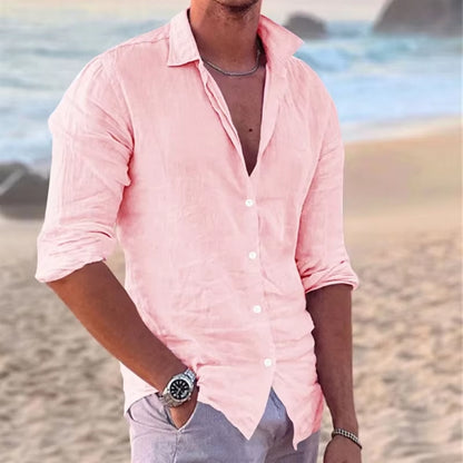 New Men'S Cotton and Linen Long Sleeve Shirt Fashion Casual Lapel Beach Shirt Solid Color Hawaiian Vacation Shirt