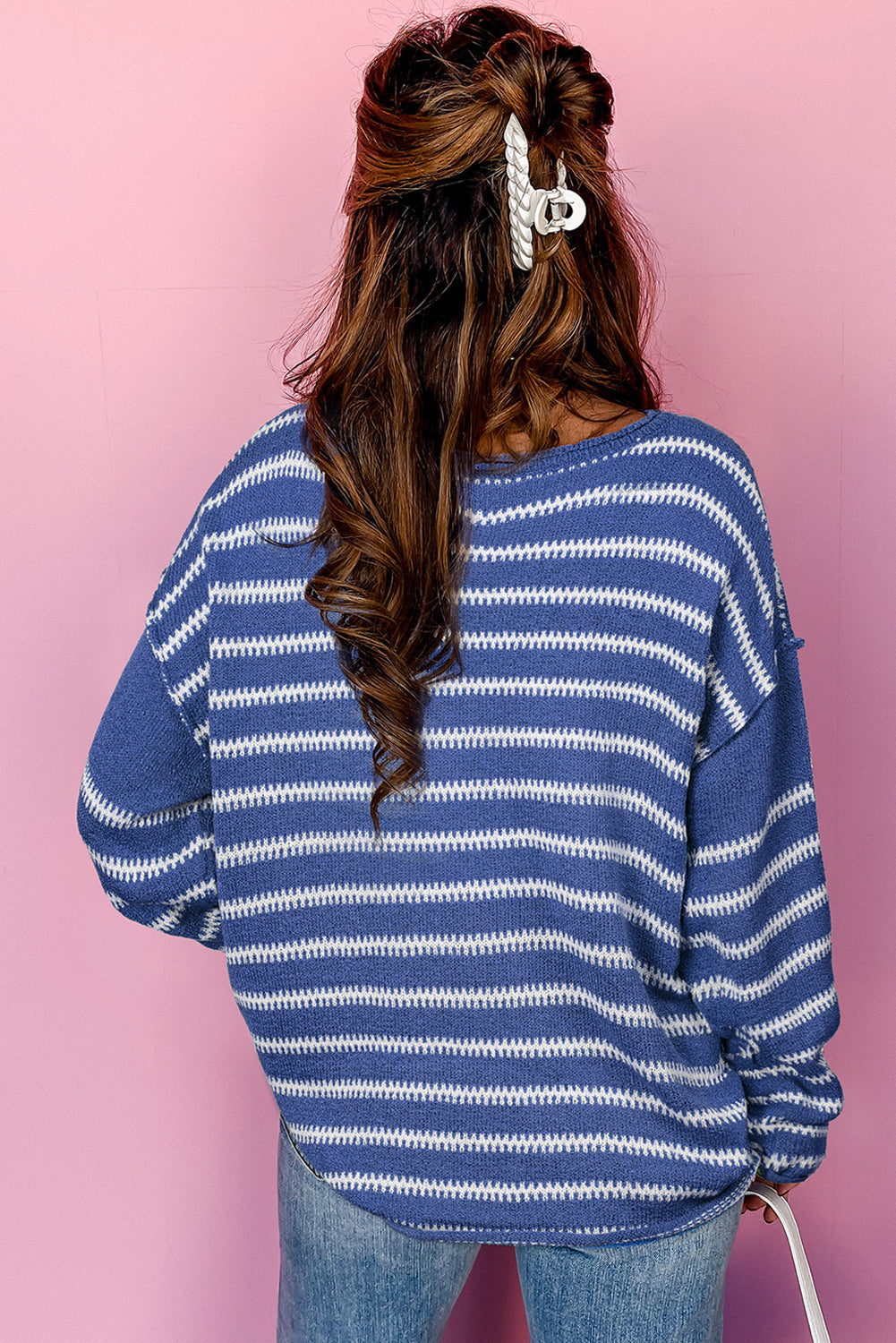 Sky Blue Stripe Drop Shoulder Casual Sweater