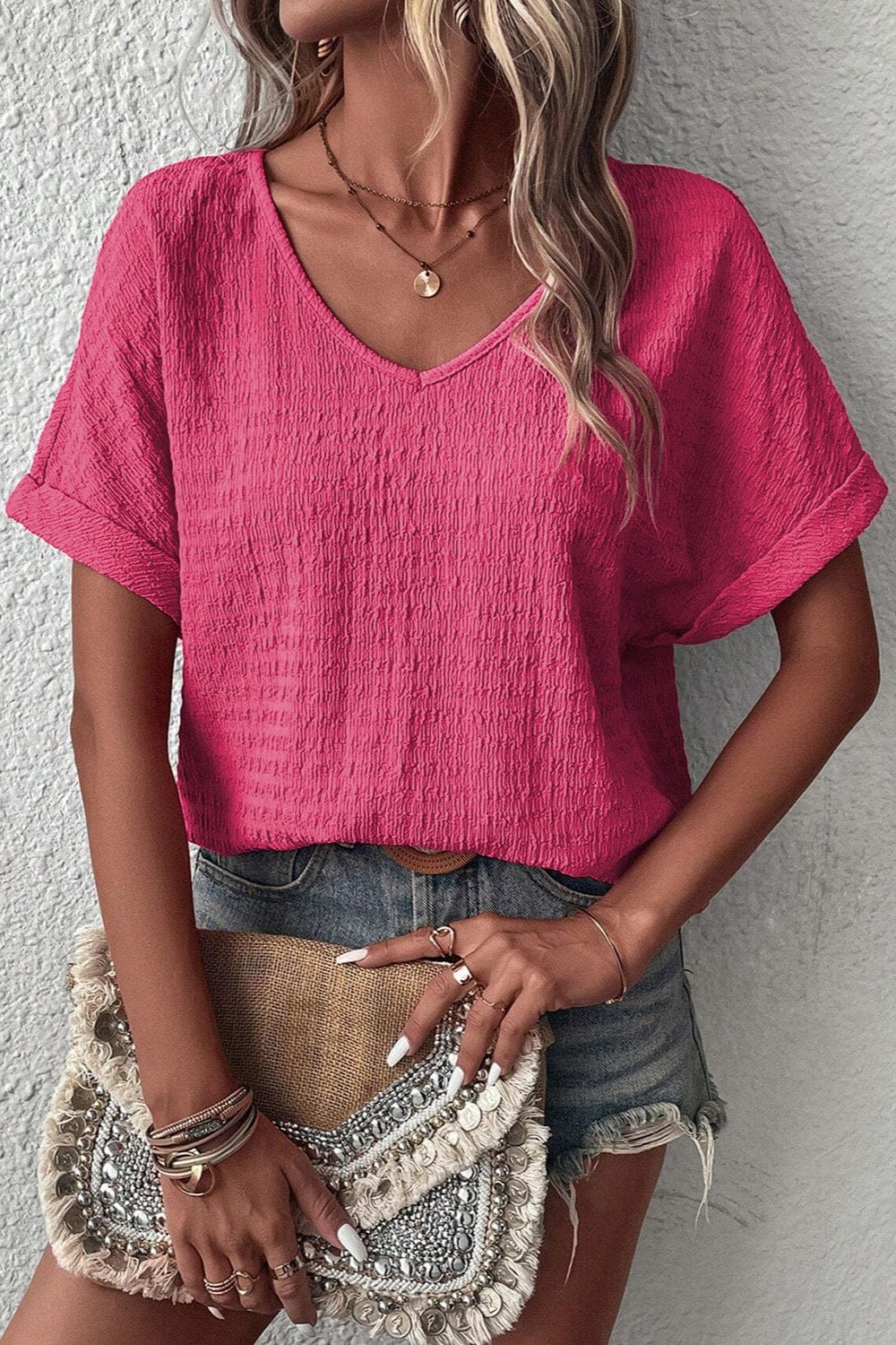 V-Neck Short Sleeve Blouse