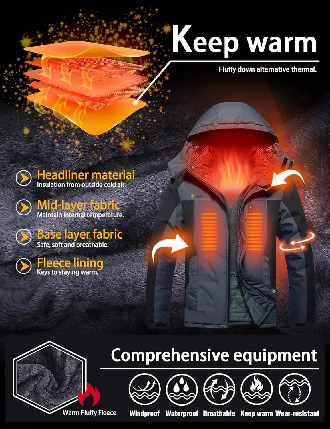 Men'S Ski Snow Jacket Warm Winter Waterproof Coat Snowboard Rain Jacket Hooded Windproof Windbreaker