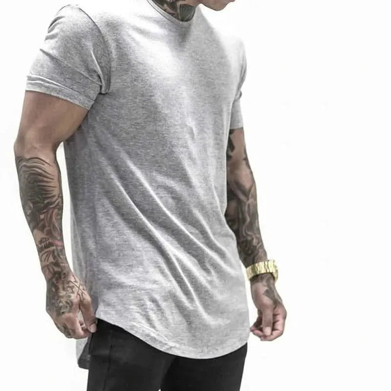 Men T Shirt Solid Colors Casual Workout Shirts Curved Hem T-Shirt Men Fashion Streetwear 3XL