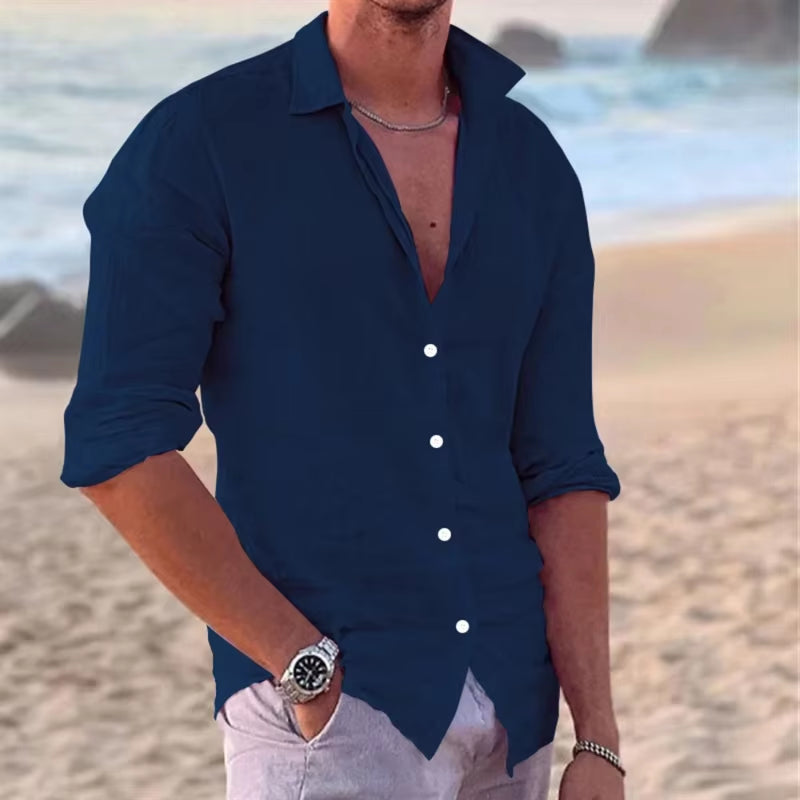 New Men'S Cotton and Linen Long Sleeve Shirt Fashion Casual Lapel Beach Shirt Solid Color Hawaiian Vacation Shirt