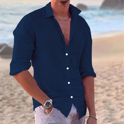 New Men'S Cotton and Linen Long Sleeve Shirt Fashion Casual Lapel Beach Shirt Solid Color Hawaiian Vacation Shirt