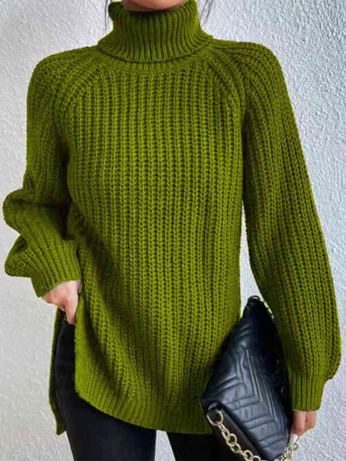 Full Size Turtleneck Rib - Knit Slit Sweater - LustMia