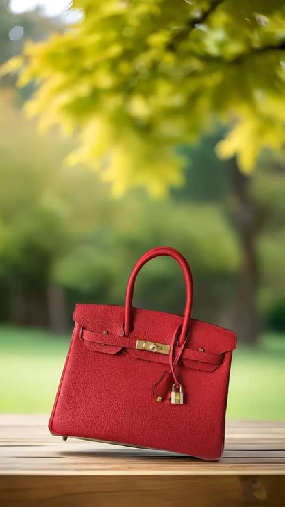 Lustmia Luxury Red Structured Tote Bag – Premium Leather Style with Gold Hardware