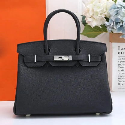 Lustmia Luxury Black 100% Leather Structured Tote Bag – Gold Hardware Handbag