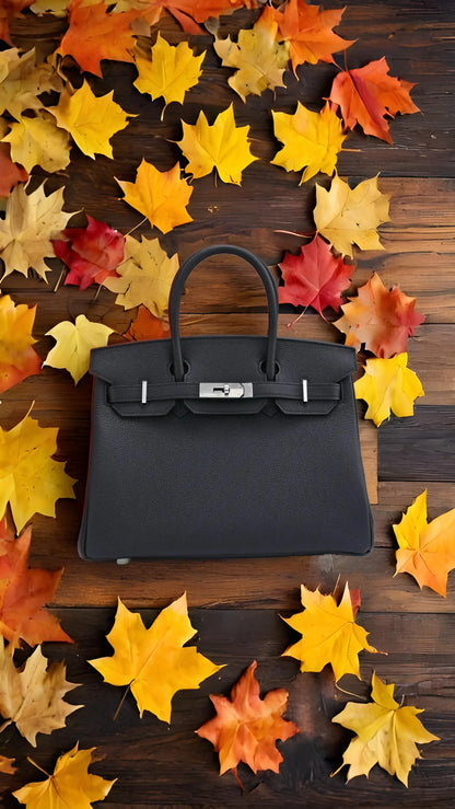 Lustmia Luxury Black 100% Leather Structured Tote Bag – Gold Hardware Handbag