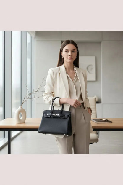 Lustmia Luxury Black 100% Leather Structured Tote Bag – Gold Hardware Handbag