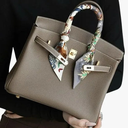 Lustmia Luxury Taupe 100% Leather Structured Tote Bag – Gold Hardware Handbag