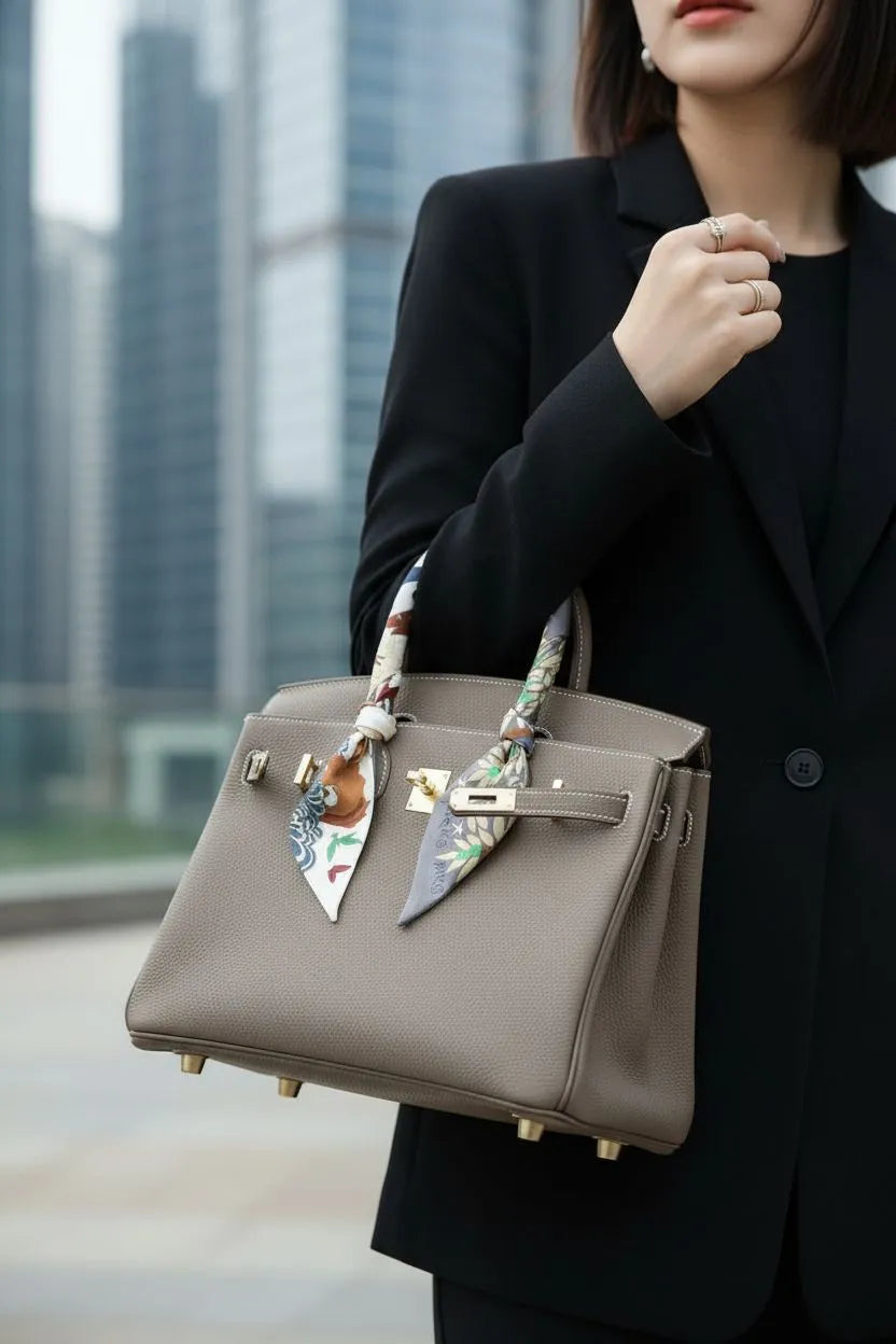 Lustmia Luxury Taupe 100% Leather Structured Tote Bag – Gold Hardware Handbag