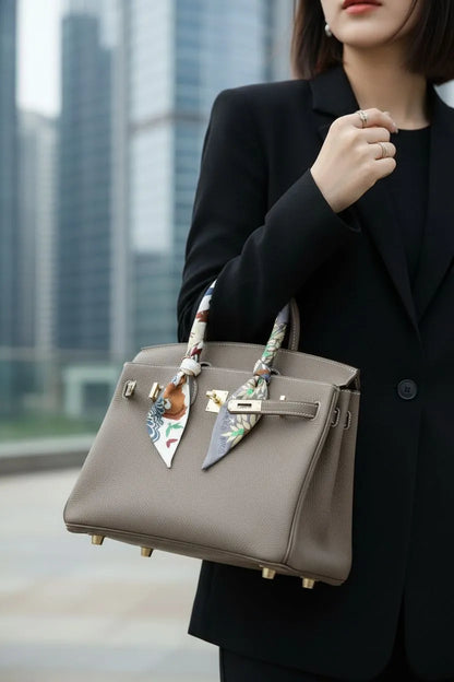 Lustmia Luxury Taupe 100% Leather Structured Tote Bag – Gold Hardware Handbag