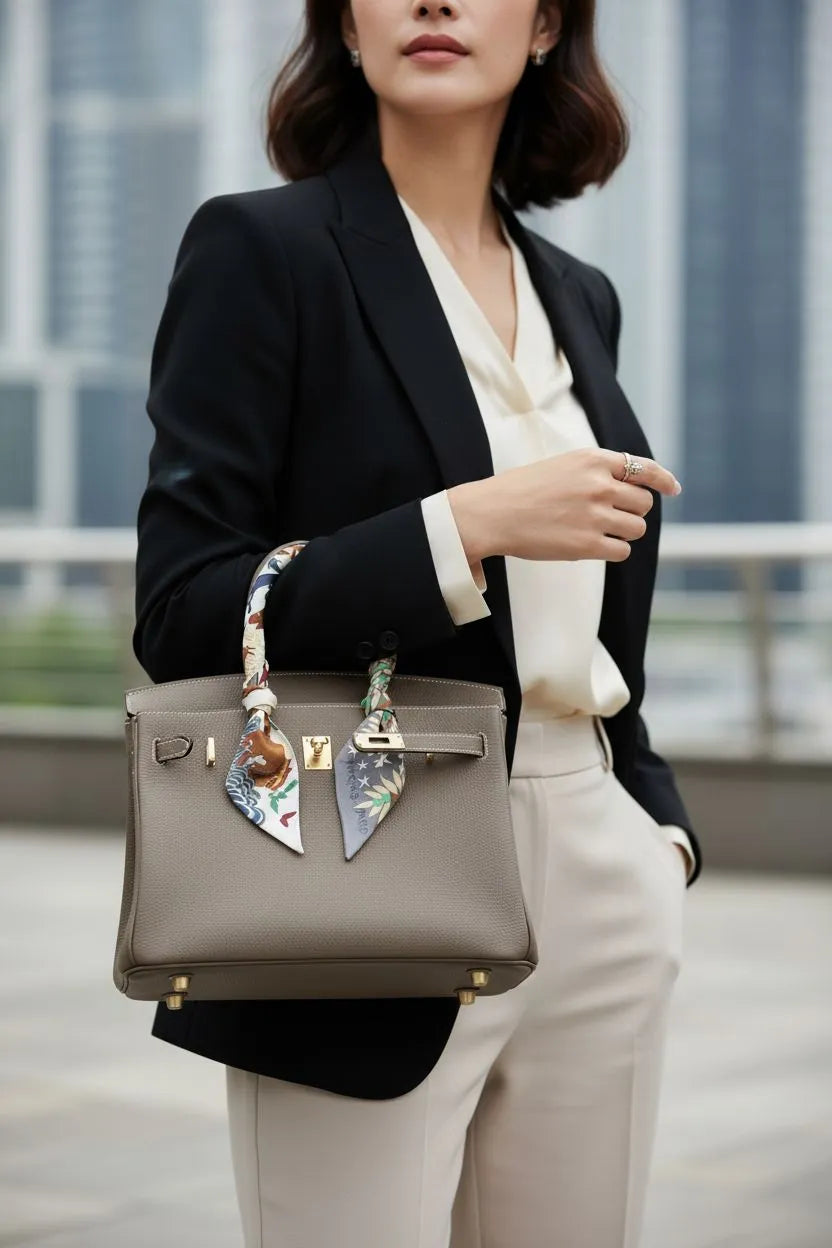 Lustmia Luxury Taupe 100% Leather Structured Tote Bag – Gold Hardware Handbag