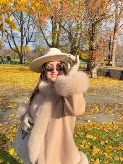 Cashmere Wool Coat Women - Double Breasted Fox Fur Collar