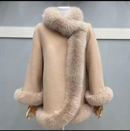 Cashmere Wool Coat Women - Double Breasted Fox Fur Collar
