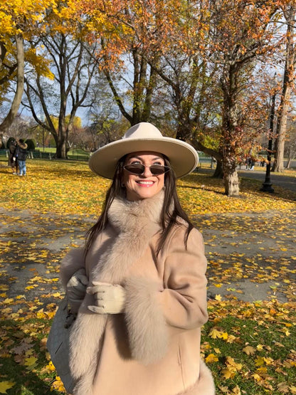 Cashmere Wool Coat Women - Double Breasted Fox Fur Collar