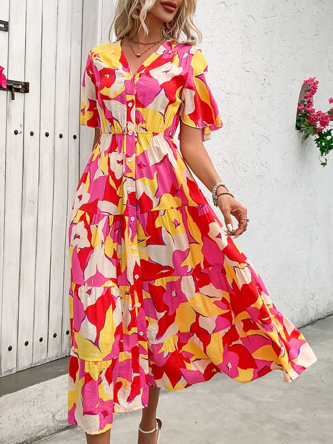 Printed V-Neck Flutter Sleeve Midi Dress