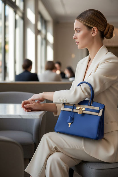 Royal Blue Classic Top-Handle Luxury Tote with Gold Hardware