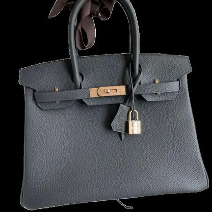 Lustmia Luxury Dark Grey 100% Leather Structured Tote Bag – Gold Hardware Handbag