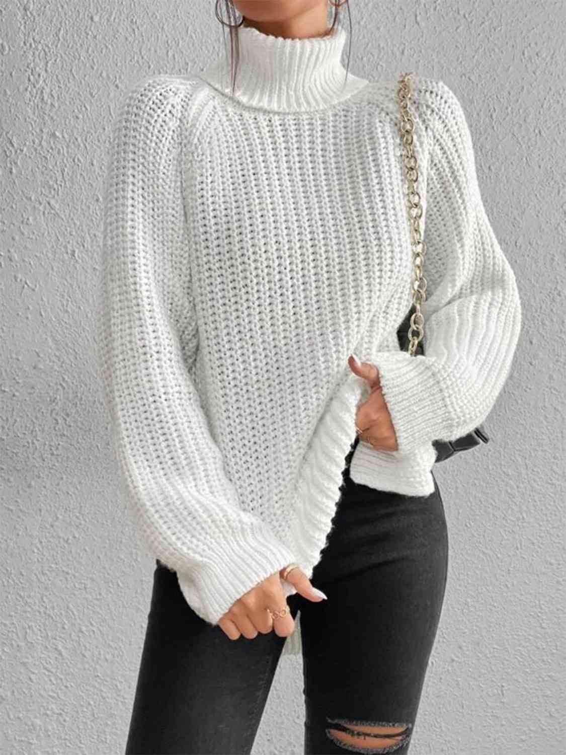 Full Size Turtleneck Rib - Knit Slit Sweater - LustMia