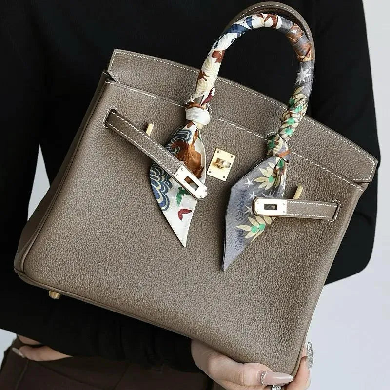 Lustmia Luxury Taupe 100% Leather Structured Tote Bag – Gold Hardware Handbag