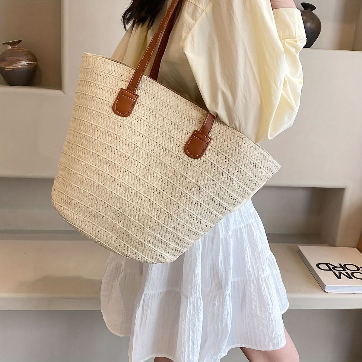 1pc, Fashion Chic Straw Woven Shoulder Tote Bag, Women's Large Capacity Handbag, Casual Versatile Beach Vacation Bag - LustMia