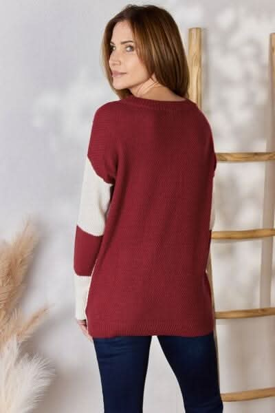 Hailey & Co Full Size Color Block Dropped Shoulder Knit Top - LustMia