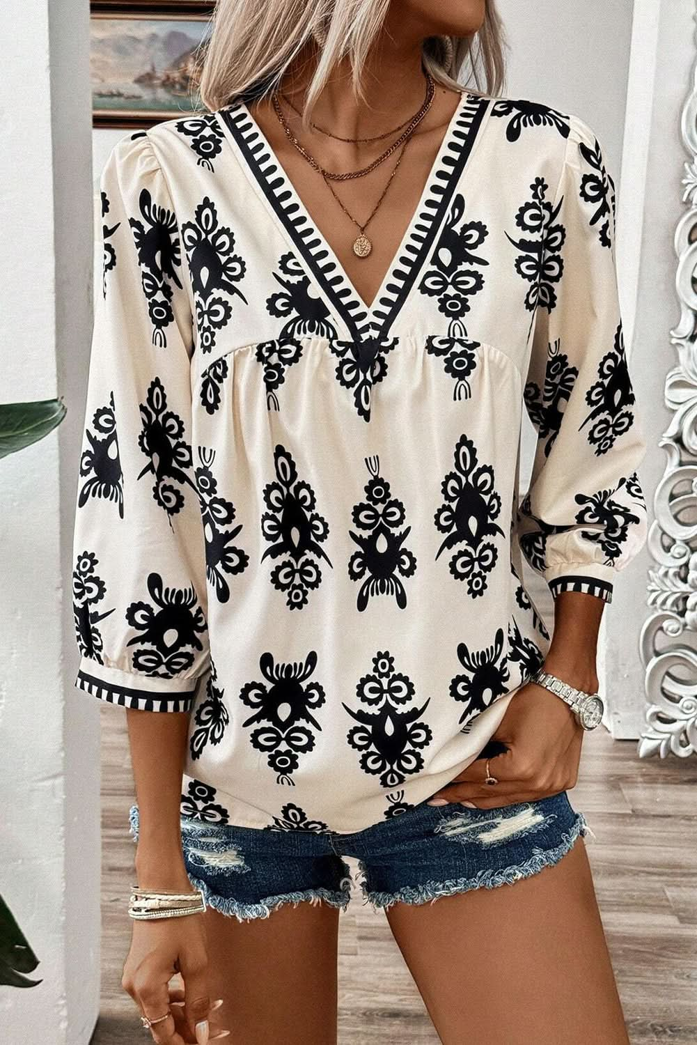 Beige Vintage Geometric Printed 3/4 Sleeve V Neck Blouse - LustMia