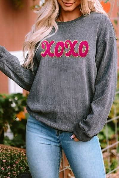 XOXO Sequin Round Neck Dropped Shoulder Sweatshirt - LustMia