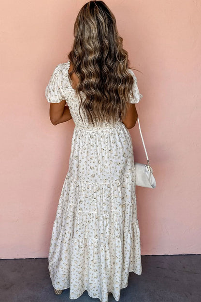 White Tiered Floral Maxi Dress - LustMia