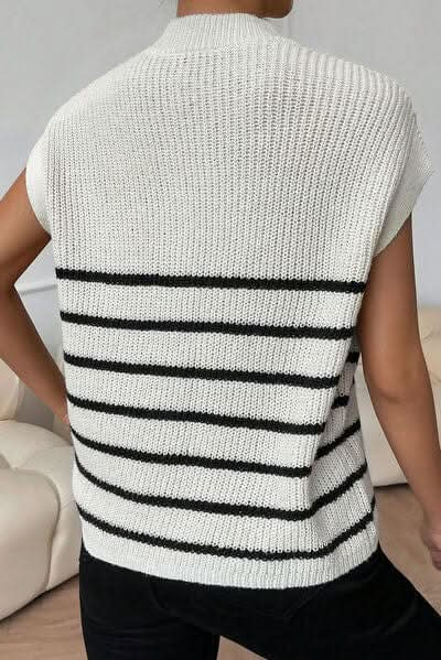 Striped Mock Neck Half Zip Sweater Vest - LustMia