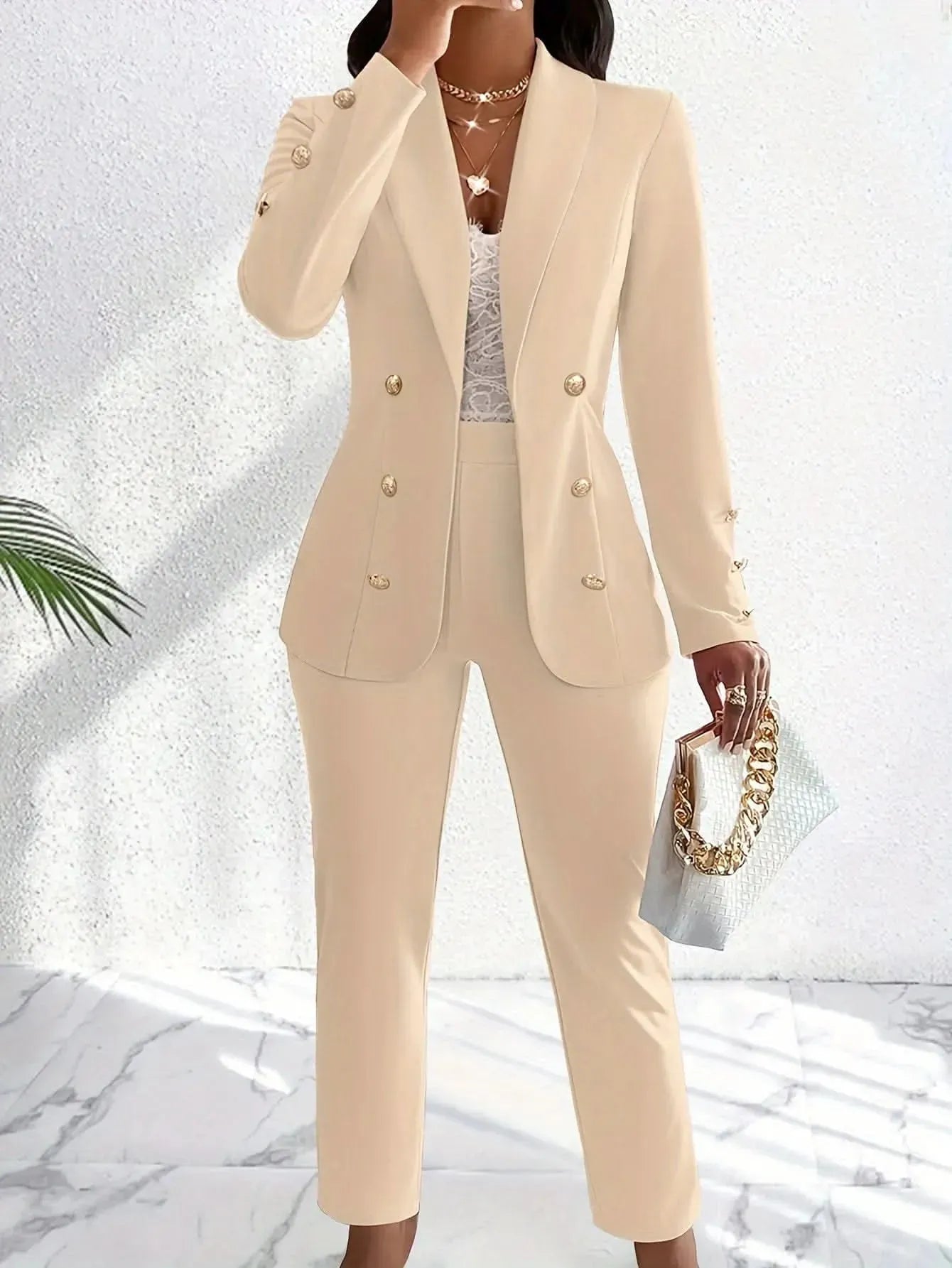 Chic Double Breasted Pantsuit Slim Fit Office Essential - By Lustmia - LustMia