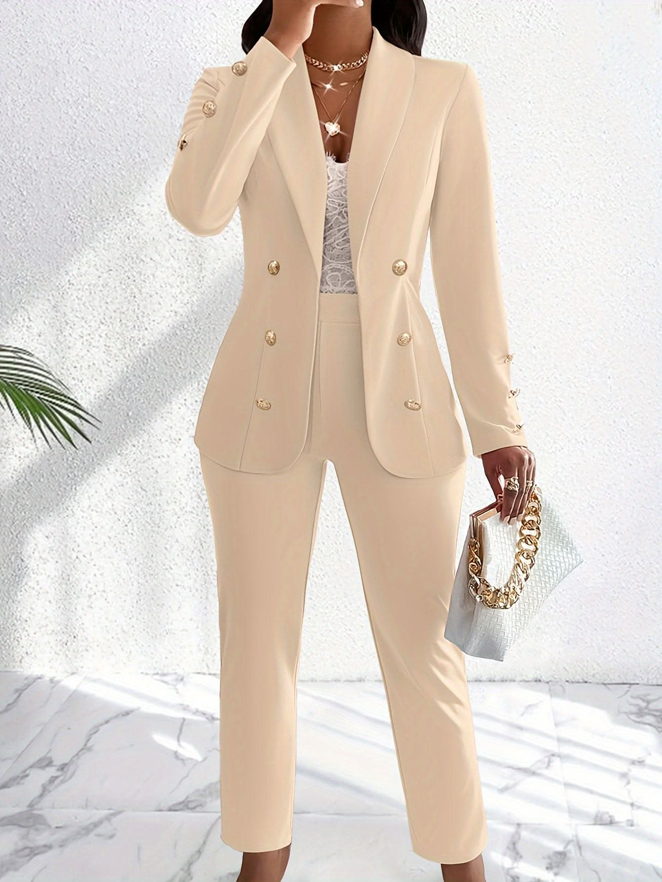 Chic Double Breasted Pantsuit Slim Fit Office Essential - By Lustmia - LustMia