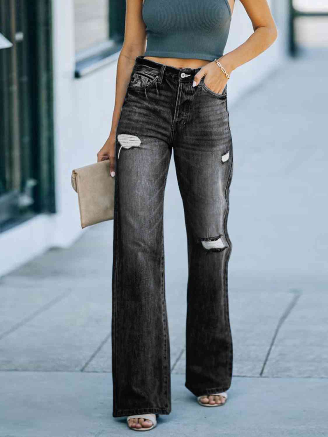 Distressed Straight Leg Jeans - LustMia