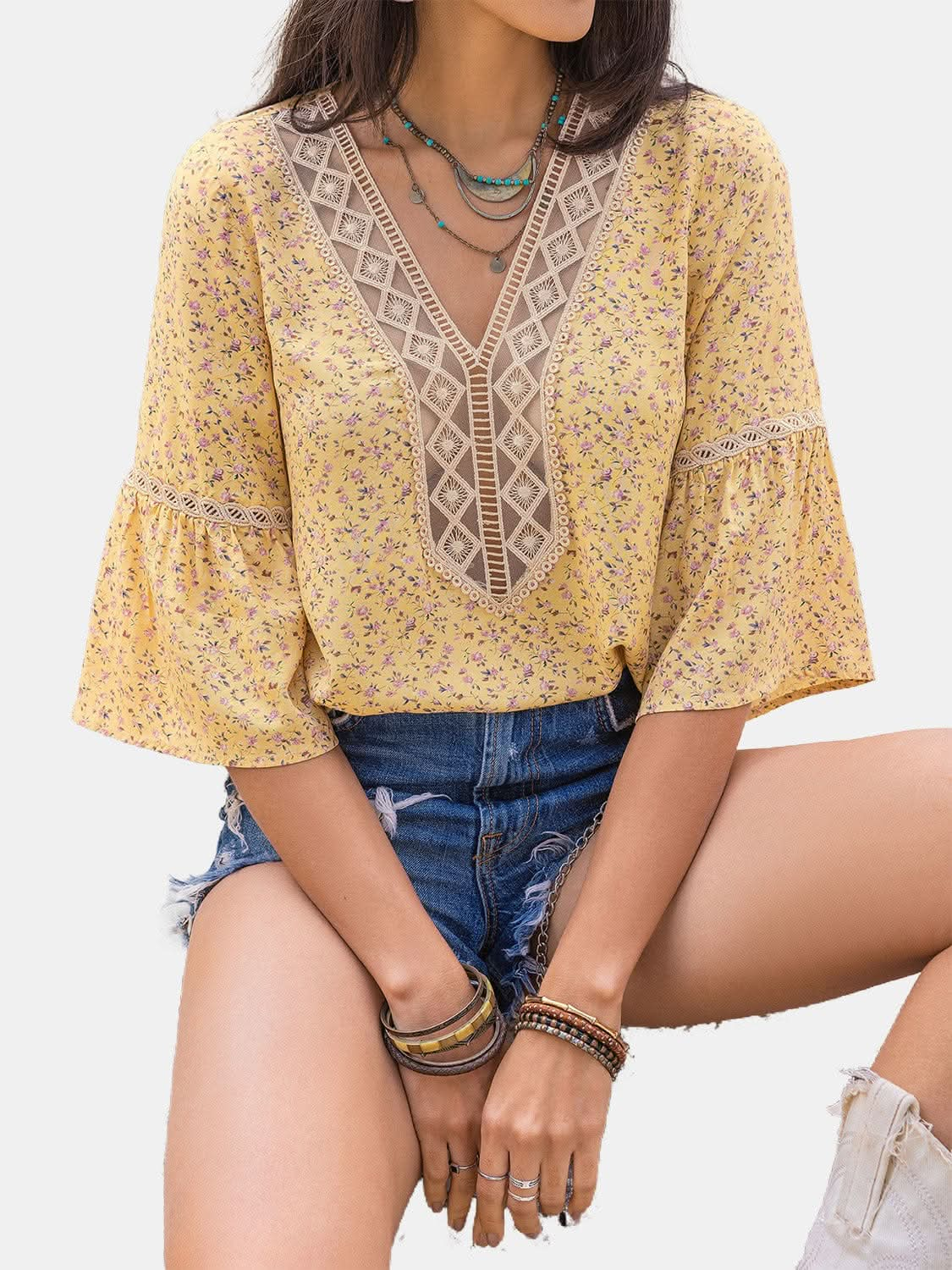 Ditsy Floral V - Neck Blouse - LustMia