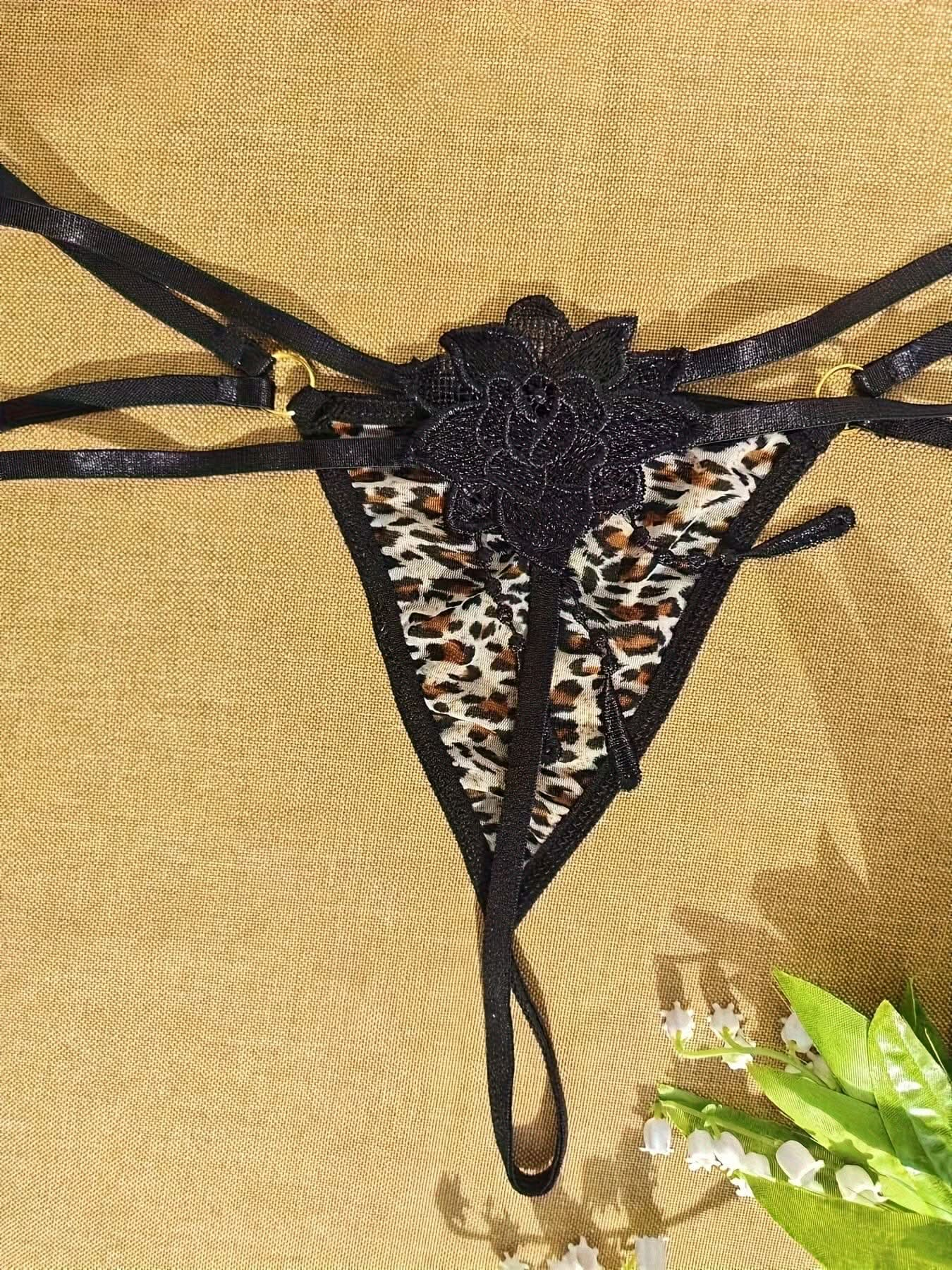 Women's Sexy Thong, Plus Size Leopard Print Floral Appliques Ring Linked Low Rise G - string - LustMia