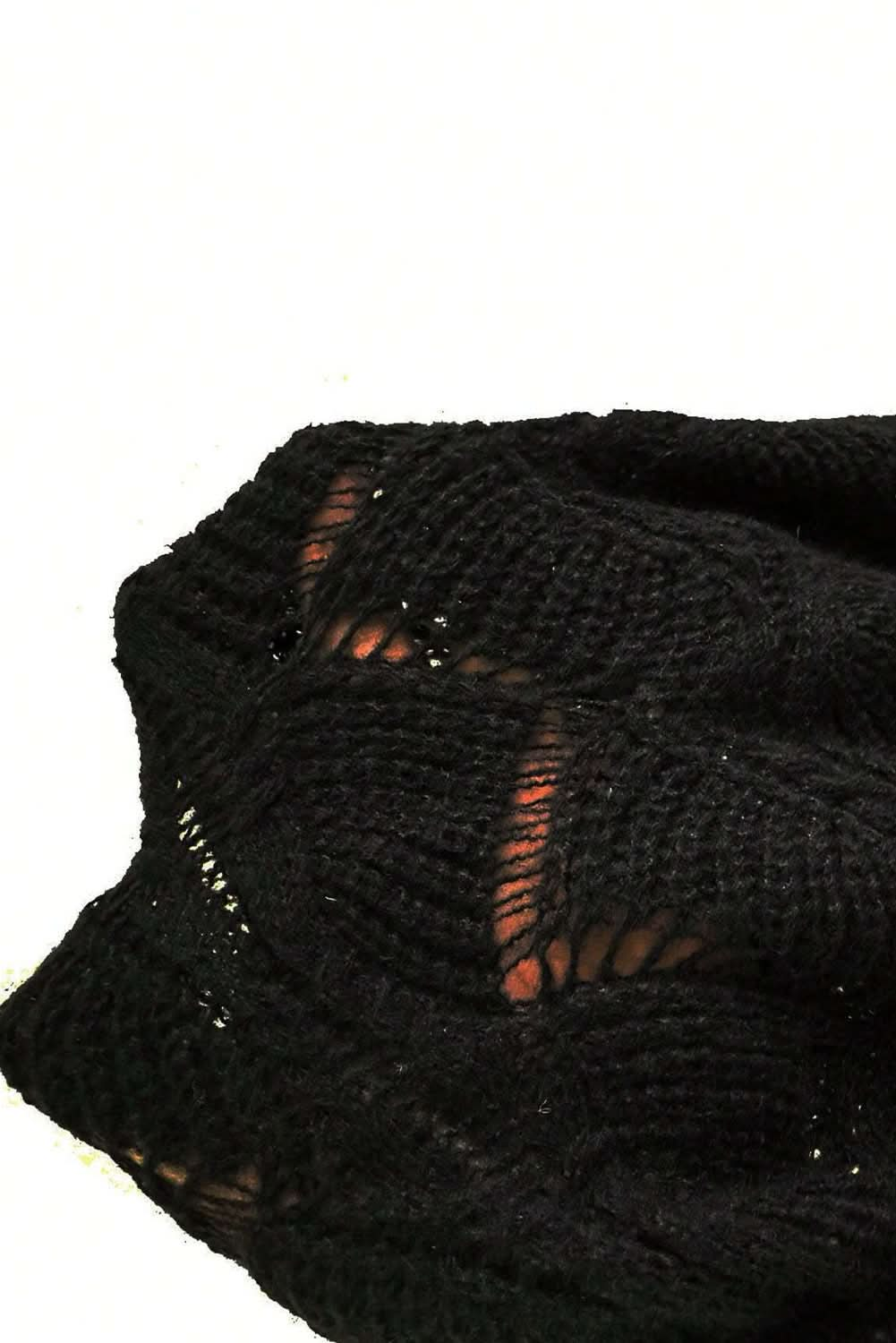 Black Hollow Out Knit V Neck Drop Shoulder Sweater - LustMia