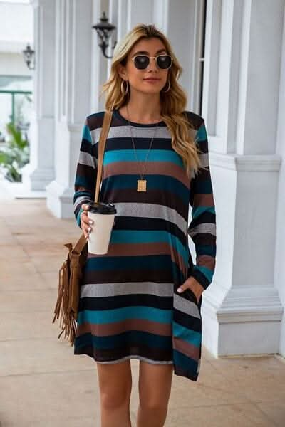 Striped Round Neck Long Sleeve Dress - LustMia