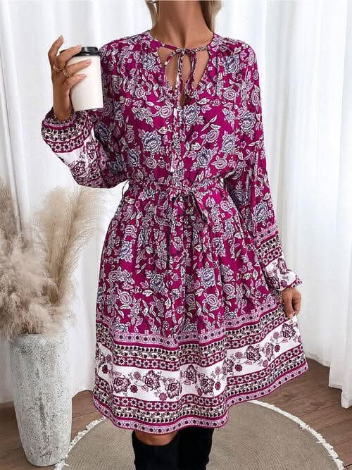 Floral Tie Neck Balloon Sleeve Dress - LustMia