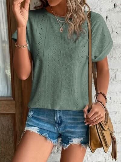 Eyelet Round Neck Short Sleeve T-Shirt - LustMia