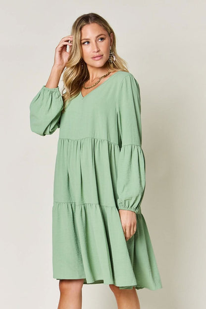 Double Take Full Size V - Neck Balloon Sleeve Tiered Dress - LustMia