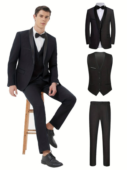 Elegant 3Piece Mens Tuxedo Set Jacket Vest Pants - LustMia