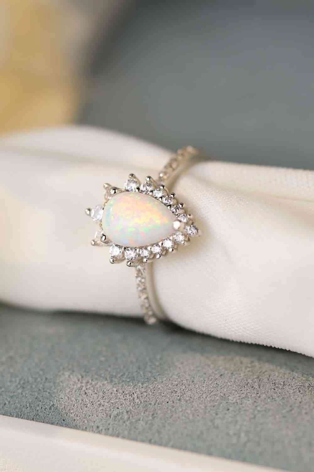 Platinum - Plated Opal Pear Shape Ring - LustMia