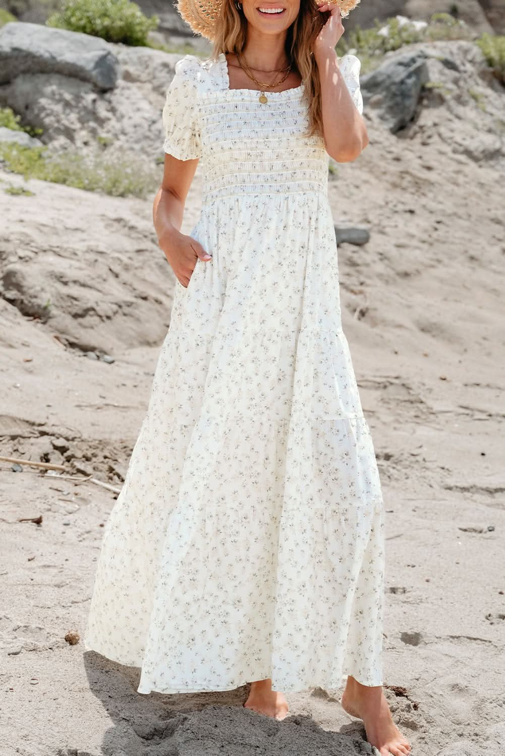 White Tiered Floral Maxi Dress - LustMia