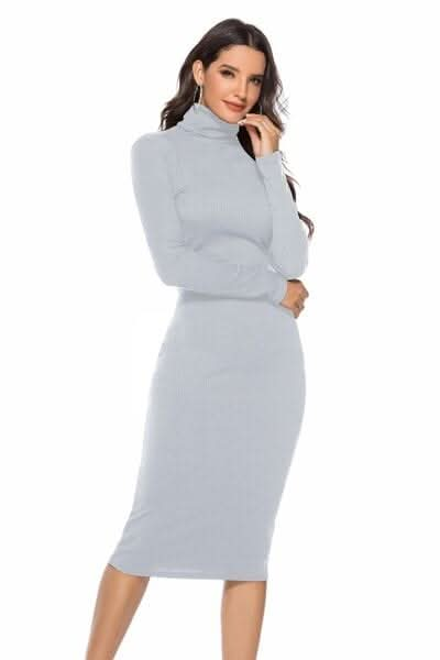 Ribbed Turtleneck Long Sleeve Dress - LustMia