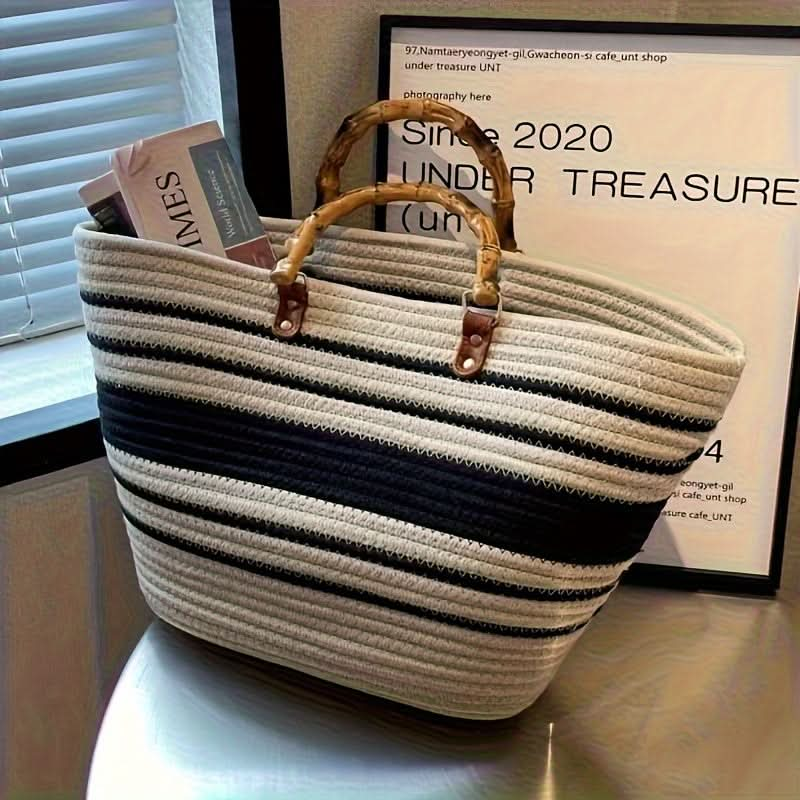 1pc Stripes Woven Beach Bag, Portable Vegetable Basket, Boho Style Tote Bag For Travel, Shopping Bag, Summer Beach Travel Portable Supplies, Camping Accessories Art & Craft Supplies - LustMia