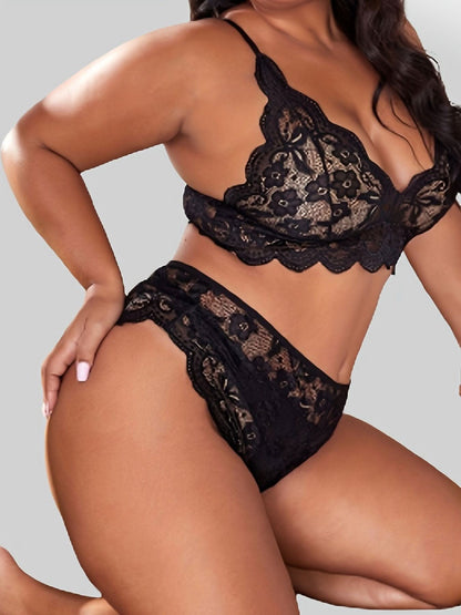 Plus Size Sexy Lingerie Set, Women's Plus Contrast Lace Trim Semi Sheer Bra & Underwear Lingerie Two Piece Set - LustMia