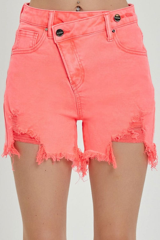 RISEN Raw Hem Asymmetrical Waist Denim Shorts - LustMia